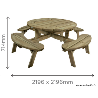 Table pique-nique ronde, bois, 8 places, table extérieur, Solid, achat pas cher