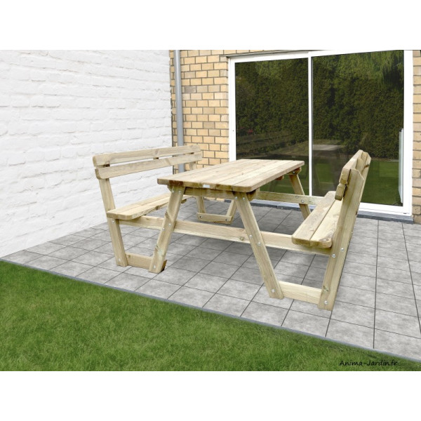 Table pique-nique avec dossier, bois, 4 places, table extérieur, Solid
