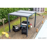 Pergola bioclimatique, 7,20 m², toit plat, rideau, panneaux, aluminium, Foresta, achat, pas cher