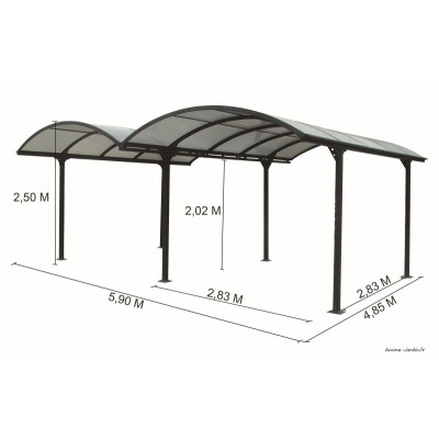 Carport double, 2 voitures, aluminium, toit arrondi