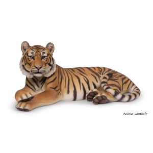 Tigresse couchée XXL, L.99 cm, animal en résine, décoration extérieure