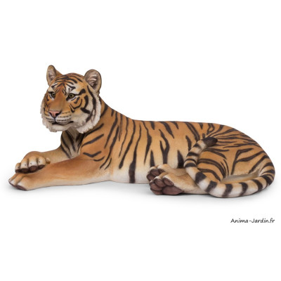 Tigresse couchée XXL, L.99 cm, animal en résine, décoration extérieure
