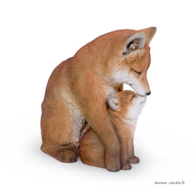 Maman renard et son bébé, H.25 cm, animal en résine, décoration extérieure