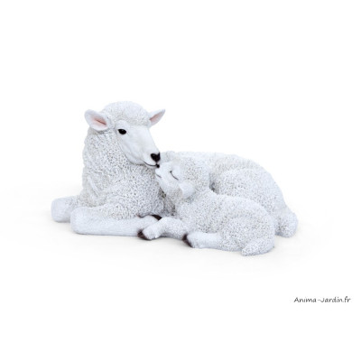 Maman mouton et son bébé, H.17 cm, animal en résine, décoration extérieure