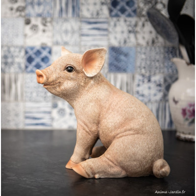 Cochon rose assis, L.25 cm, animal en résine, décoration extérieure
