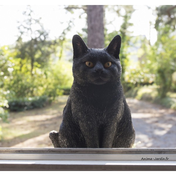 Chat noir assis, H.30 cm, animal en résine, extérieure, Garden ID