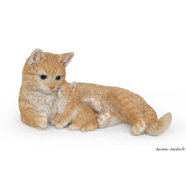 Maman chat avec son chaton, roux,  L.35 cm, animal en résine, décoration extérieure