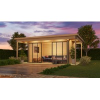 Abri de jardin en bois avec avancée, DOMEO 4 Plus V2, 12,82 m², 44 mm