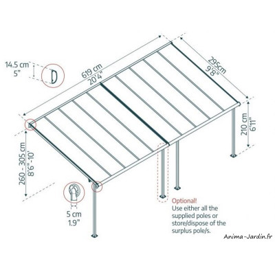 Pergola adossée, Sierra Large grise, Aluminium