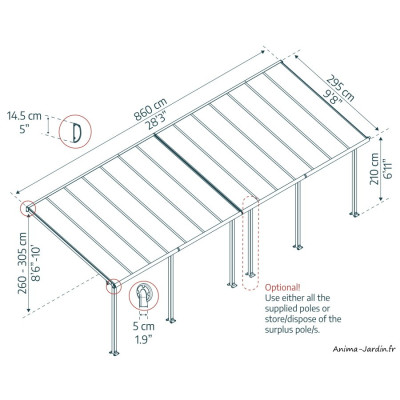 Pergola adossée Olympia gris, Aluminium