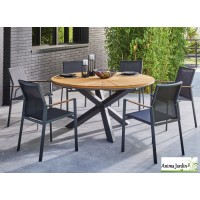 Table de jardin ronde Ferrone, 150 cm, 6 personnes, aluminium & Teck