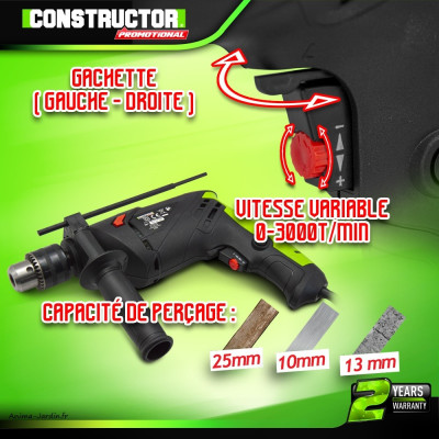 Perceuse à percussion filaire, 500W, mandrin à clé, Constructor