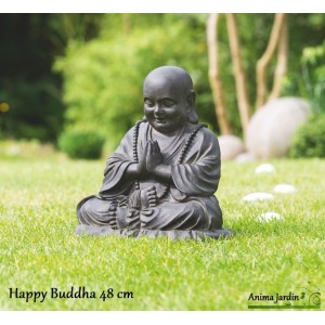 Statue Happy BUDDHA 48 cm en fibre de verre, aspect pierre, décoration de jardin