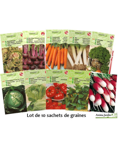 Lot 10 paquets graines légumes potager jardin ouvrier, salade, radis, tomate, carotte, poireau, pas cher, économique 