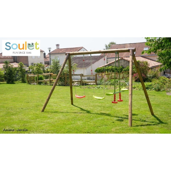 Portique en bois Pacco, 3 agrès, balançoires, vis-à-vis, jeu plein-air, Soulet, achat, pas cher