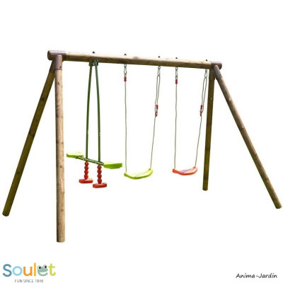 Portique en bois Pacco, 3 agrès, balançoires, vis-à-vis, jeu plein-air, Soulet, achat, pas cher