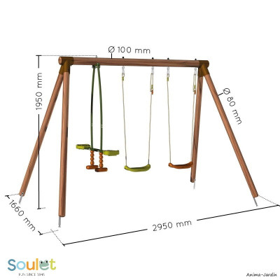 Portique en bois Pacco, 3 agrès, balançoires, vis-à-vis, jeu plein-air, Soulet, achat, pas cher