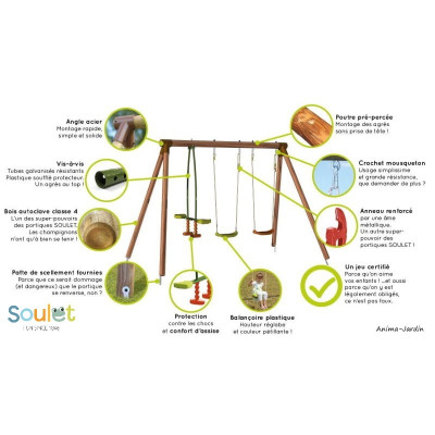 Portique en bois Pacco, 3 agrès, balançoires, vis-à-vis, jeu plein-air, Soulet, achat, pas cher