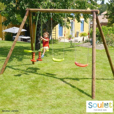Portique en bois Pacco, 3 agrès, balançoires, vis-à-vis, jeu plein-air, Soulet, achat, pas cher