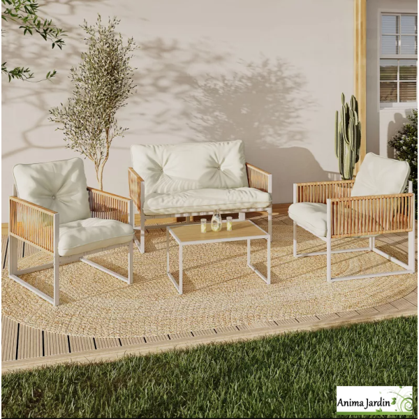 Salon de jardin en acier Ozea, 4 personnes, Blanc & Rotin