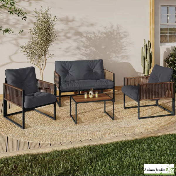 Salon de jardin en acier Ozea, 4 personnes, Gris & Rotin