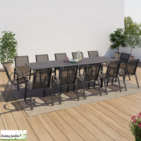 Salon de jardin extensible Polywood avec chaises en acier Gris anthracite, 12 personnes