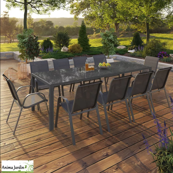 Salon de jardin Formentera en acier avec chaises, Gris anthracite, 10 personnes