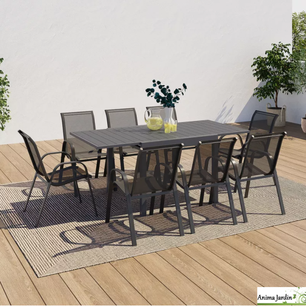 Salon de jardin extensible Polywood en acier avec chaises, Gris anthracite, 8 personnes