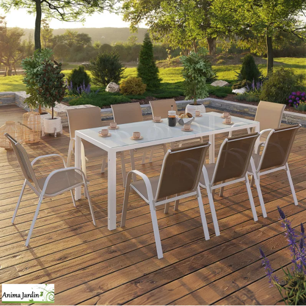 Salon de jardin Minorca en acier, Blanc/Beige, 8 personnes