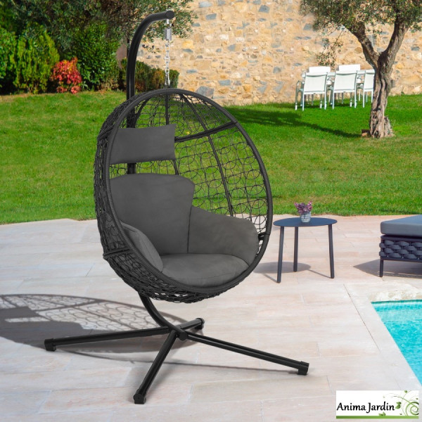 Fauteuil de jardin suspendu en rotin gris avec coussin