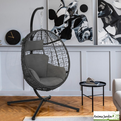 Fauteuil de jardin suspendu en rotin gris avec coussin
