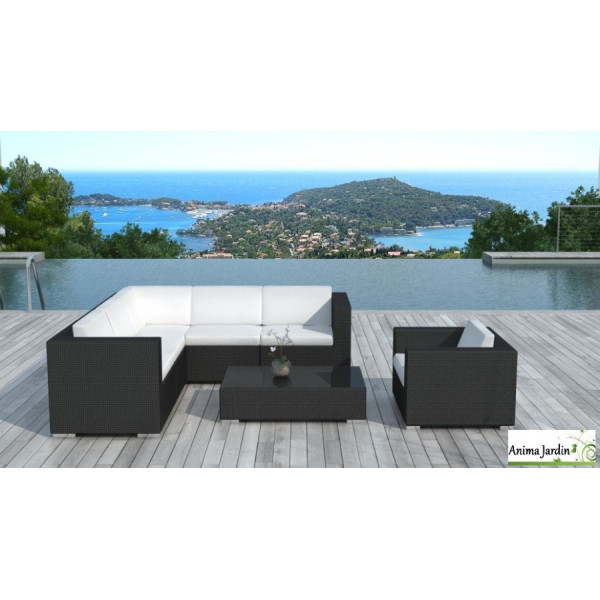 Salon de jardin Mundaka en résine tressée noire, 6 places, Delorm