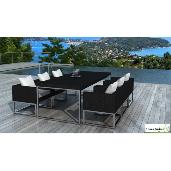 Salon de jardin Angel en résine tressée noire, 6 places, Delorm