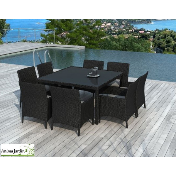 Salon de jardin Carré en résine tressée noire, 8 places, Delorm