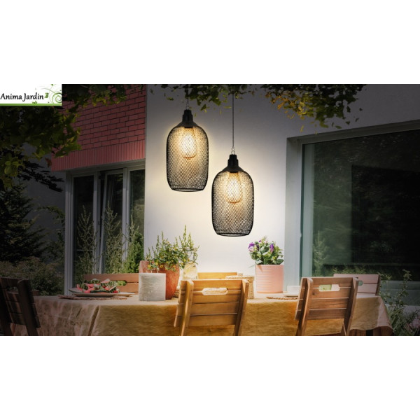 Lampe solaire filaire métal noir, diam.15 cm, Suspension extérieure Eva