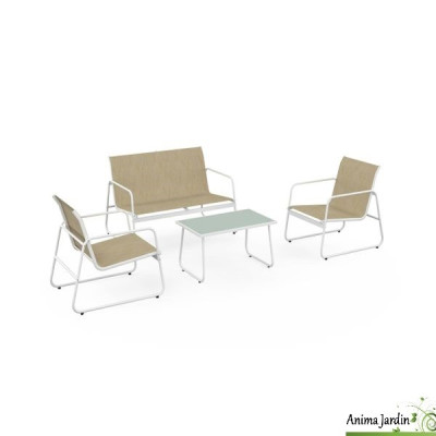 Salon de jardin en acier Textilene, 4 personnes, Blanc & Beige chiné
