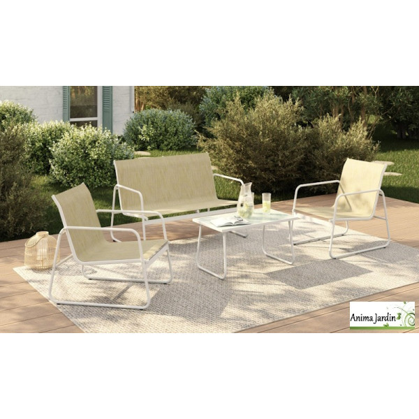 Salon de jardin en acier Textilene, 4 personnes, Blanc & Beige chiné