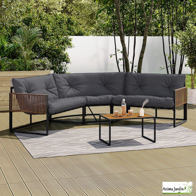 Salon de jardin d'angle en acier Ozea, 6 personnes, Gris & Rotin