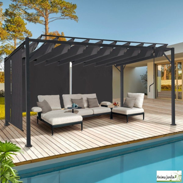 Pergola en acier gris 4x3 m - 4 stores -  Lames orientables - Venice