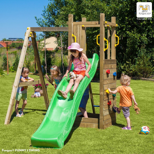 Portique en bois, Funny 3, avec bac à sable et balançoire 1 place, Fungoo