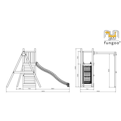 Portique en bois, Funny 3, avec bac à sable et balançoire 1 place, Fungoo
