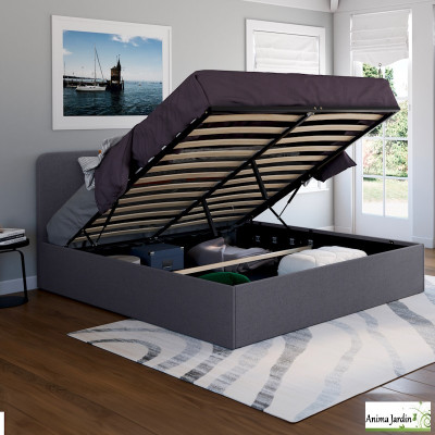 Lit coffre 160x200 cm avec sommier - Tissu gris - Louise