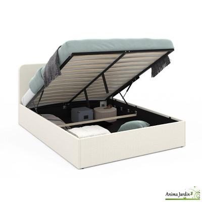 Lit coffre 140x190 cm avec sommier - Bouclette blanc - Louise