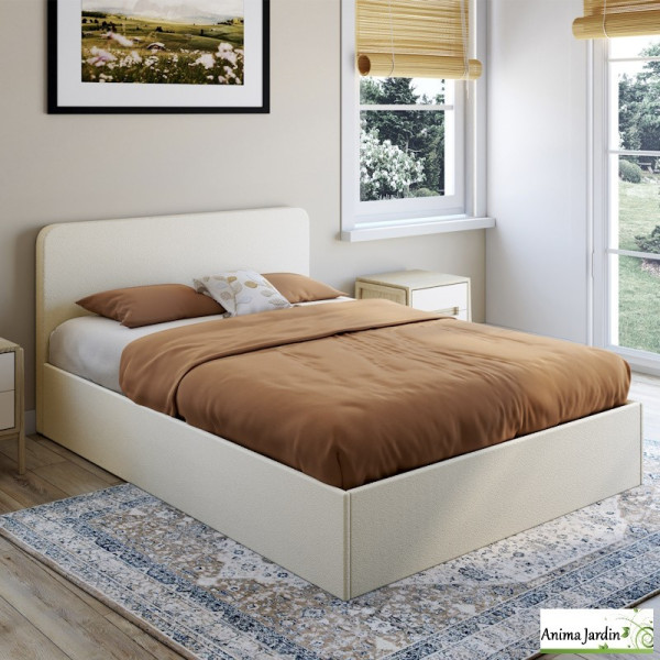 Lit coffre 140x190 cm avec sommier - Bouclette blanc - Louise