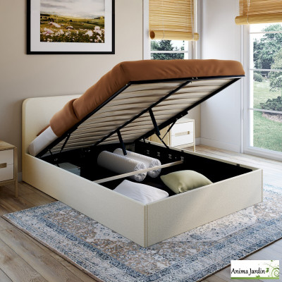 Lit coffre 140x190 cm avec sommier - Bouclette blanc - Louise