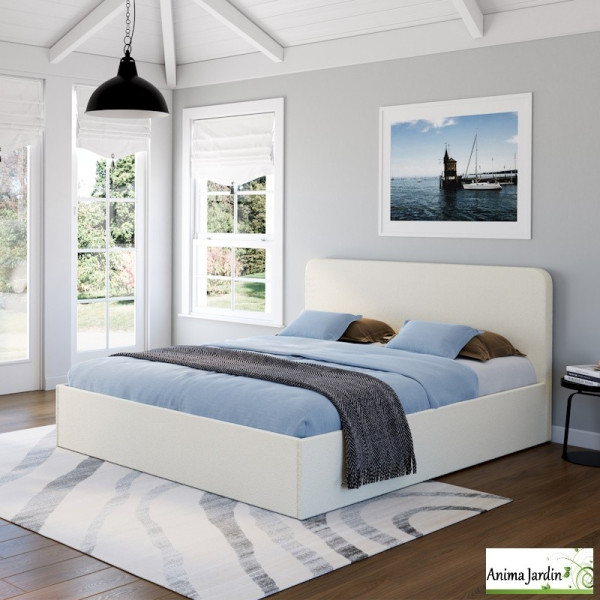 Lit coffre 160x200 cm avec sommier - Bouclette blanc - Louise