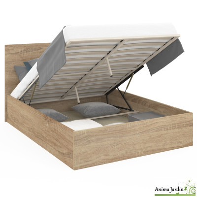 Lit coffre 140x190 cm avec sommier - Effet bois - Sicilia