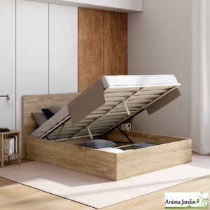 Lit coffre 140x190 cm avec sommier - Effet bois - Sicilia