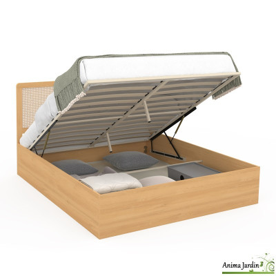 Lit coffre 160x200 cm avec sommier - cannage & effet bois - Eve