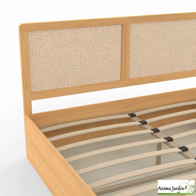 Lit coffre 160x200 cm avec sommier - cannage & effet bois - Eve